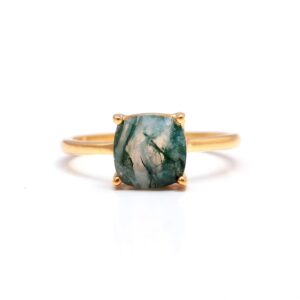 Natural Moss Agate Cushion Shape Vintage Gold