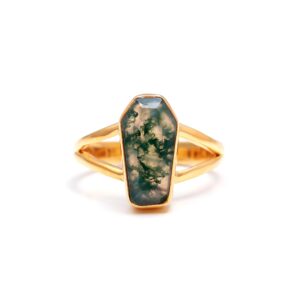 Natural Moss Agate Coffin Shape 18K Gold Ring
