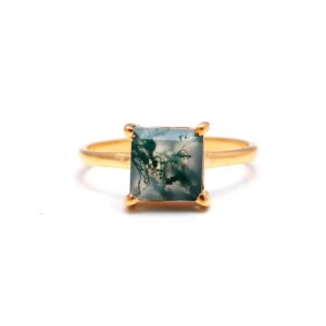 Natural Moss Agate Moissanite 18k Gold Ring