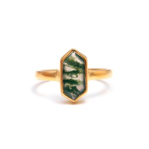 Natural Moss Agate Hexagon Shape 18K Gold Ring