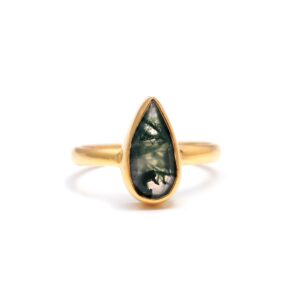 Natural Moss Agate Pear Shape 18K Gold Ring