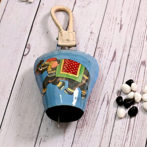 Hand-Painted Metal Blue Elephant Cow Bell Hanging – A Blend of Art & Tradition