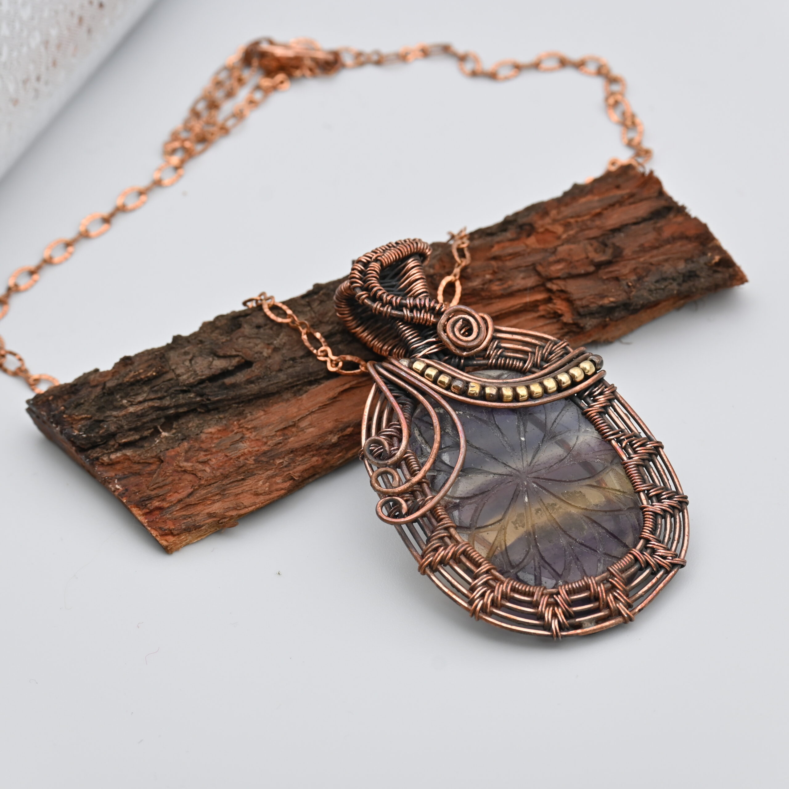 Fluorite Gemstone Copper Wire Wrapped Jewelry Pendant