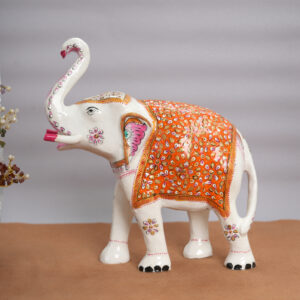 Meenakari Metal White Elephant with Orange Lawazma Detailing