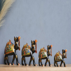 Hand-Painted Wooden Black Camel Karvan Set Of 4Pc