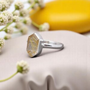 Golden Rutile Quartz Hexagon Sterling Silver Ring