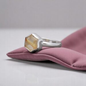 Golden Rutile Quartz Hexagon Sterling Silver Bezel Ring