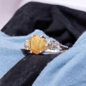 Golden Rutile Hexagon Shape Sterling Silver Ring