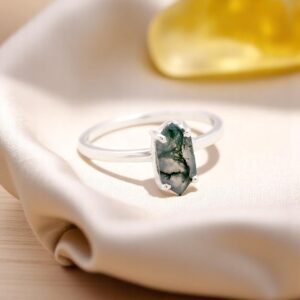 Moss Agate Hexagon Shaped Sterling Silver Ring