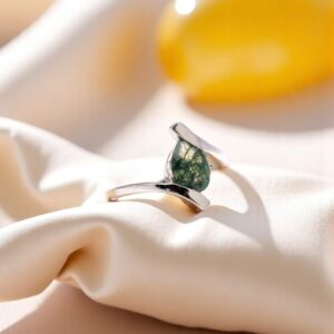 Green Moss Agate Pear Sterling Silver Ring