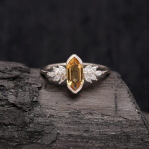 Citrine Quartz Hexagon Shape Sterling Silver Ring