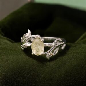 Golden Rutile Quartz Sterling Silver Oval Leaf Ring