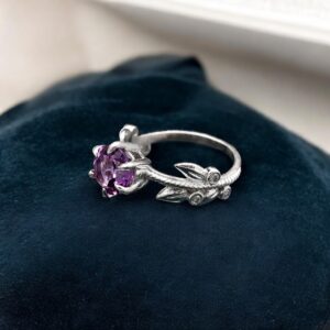 Pink Amethyst Round Leaf Design Sterling Silver Ring
